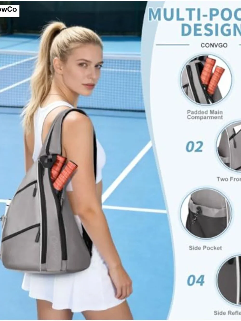 2-in-1 Pickleball Tennis Backpack Crossbody Sling Bag Waterproof Oxford Cloth